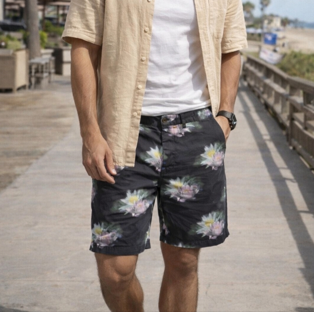 Simons 100% Cotton Black Floral Print Men’s Casual Shorts Tropical Summer Resort